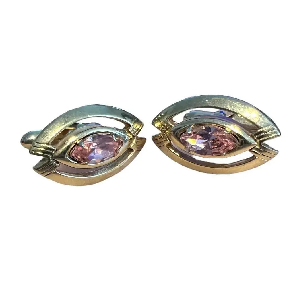 Vintage Swank Goldtone Eye Shape Pink Stone Cufflinks